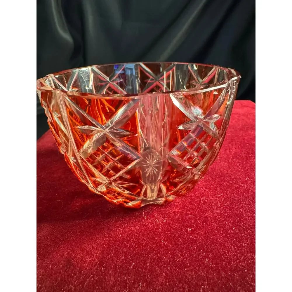 Vintage Clear Cut Cranberry Glass 4” Bowl 2 mm chip